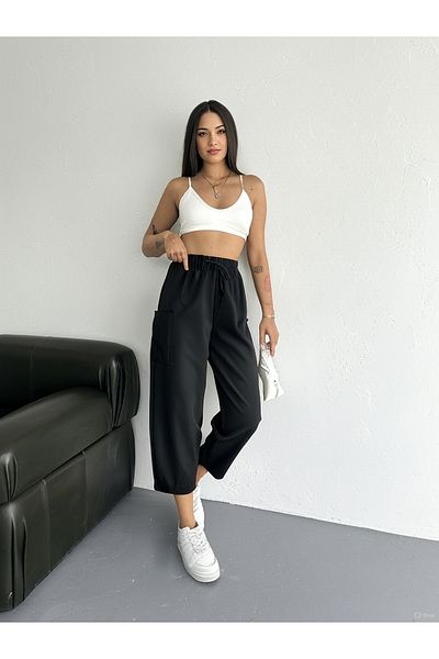 diaves Women's Black Side Pocket High Waist Woven Fabric Carrot Pants