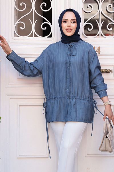 N.S NEVA STYLE Buttoned Indigo Blue Hijab Shirt 32358Im