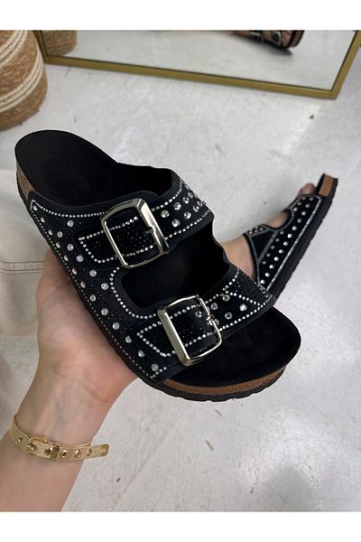Nstil Daily Women's Black Slippers Double Buckle Bead Detailed Soft Orthopedic Cork Sole Shoes 114