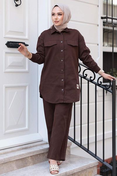 N.S NEVA STYLE Buttoned Brown Hijab Double Set 14272Kh