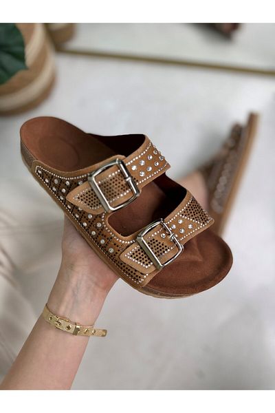 Nstil Daily Women's Tan Slippers Double Buckle Bead Detailed Soft Orthopedic Cork Sole Shoes 114