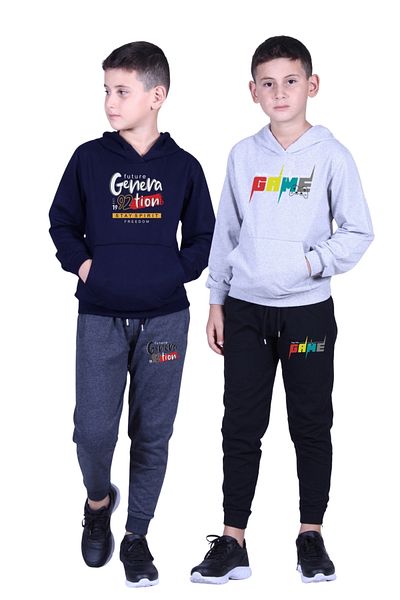 FYK KİDS 2-Piece Boy's Printed Kangaroo Pocket Hooded Track Suit Set