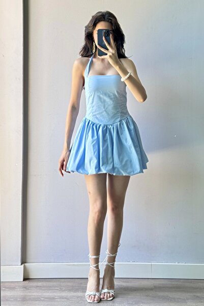 Eka Γυναικείο μπλε φόρεμα με κορδόνια με μπαλόνι 1026-221709