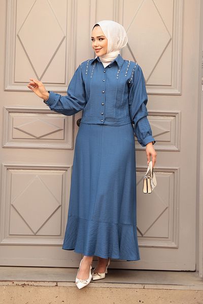 N.S NEVA STYLE Διπλό Σετ με Κουμπιά Indigo Blue Hijab Φούστα 44741IM