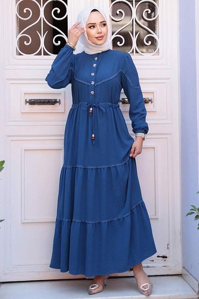 N.S NEVA STYLE Φόρεμα με πτυχωτό Indigo Blue Hijab 596IM
