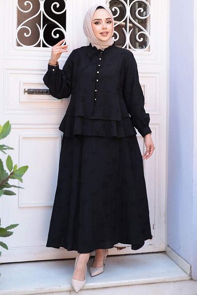 N.S NEVA STYLE Buttoned Black Hijab Skirt Double Suit 14334S