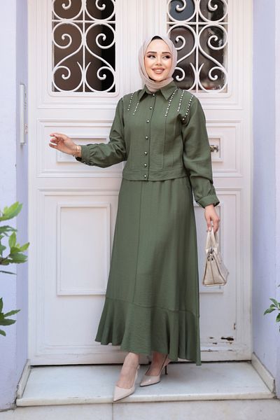 N.S NEVA STYLE Διπλό Σετ με Κουμπιά Χακί Φούστα Hijab 44741HK