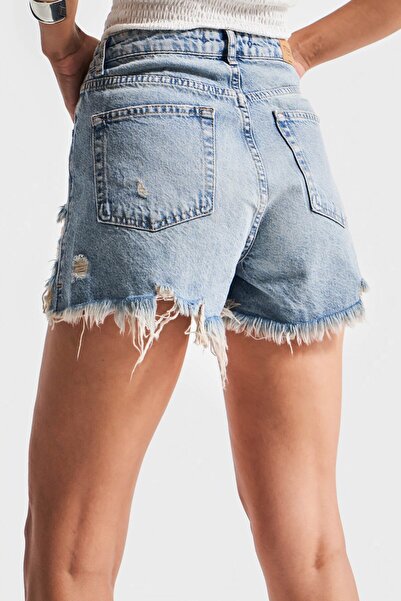its basic Kadın T.Kot Rengi 12s5-32 Mini Boy Yüksek Bel Curved Yırtık Detaylı Püsküllü %100 Koton Denim Şort