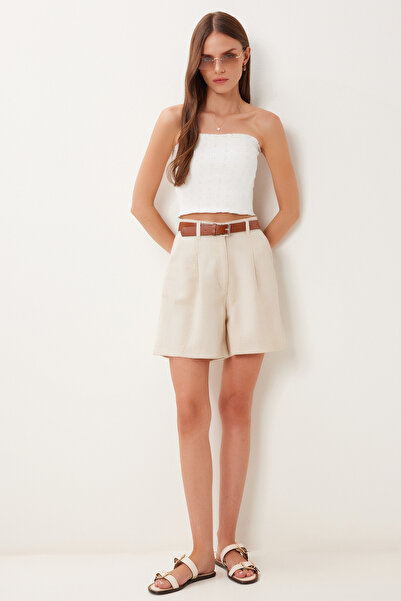 Lovelyİstanbul Şehir Boy Dokulu Keten Şort Bej Lmx0007