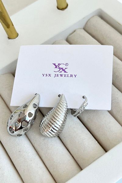 TAKIŞTIR Silver Color Stone Detailed Vip Set of 3 Ysx Earrings