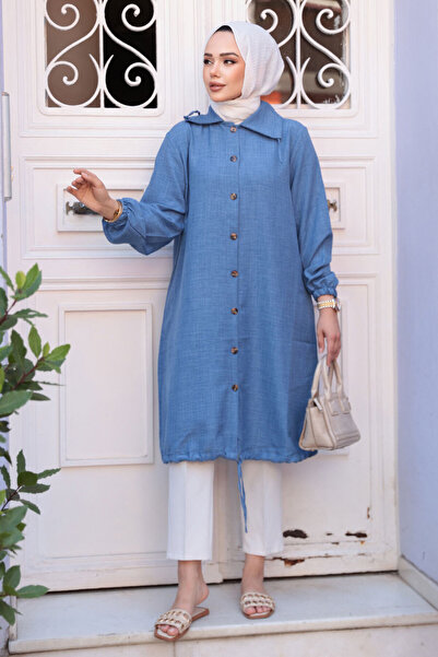 N.S NEVA STYLE Buttoned Indigo Blue Hijab Tunic 70881Im