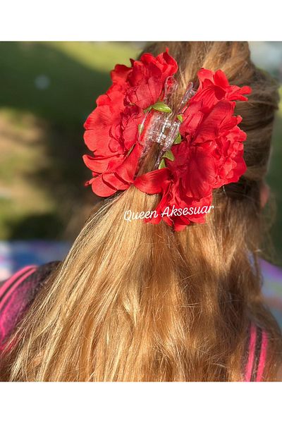 QUEEN AKSESUAR Trend Envy Big Artificial Peony Rose Flower Red Clothespin Clip Buckle Women's Buckle