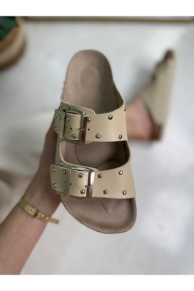 Nstil Daily Women's Beige Slippers Double Buckle Metal Detailed Soft Orthopedic Cork Sole Shoes 118