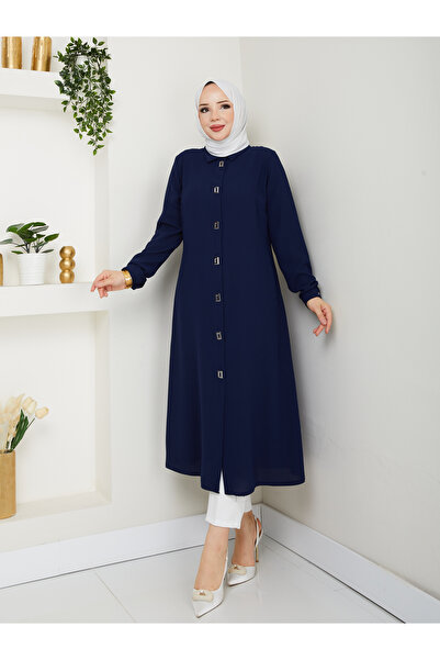 BELLİNA Kadın Krep Kumaş Lacivert Yazlık Tunik