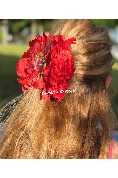 QUEEN AKSESUAR Trend Envy Big Artificial Peony Rose Flower Red Clothespin Clip Buckle Women's Buckle