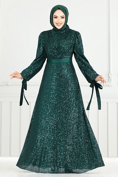 ModaMerve Βραδινό φόρεμα Hijab με κορδόνια μανσέτας 5690END900-M Emerald