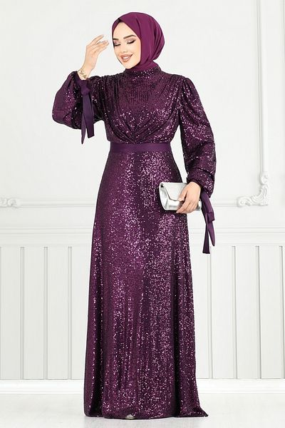 ModaMerve Βραδινό φόρεμα Hijab με κορδόνια μανσέτας 5690END900-M Plum