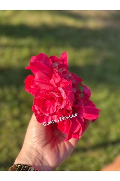 QUEEN AKSESUAR Trend Envy Big Artificial Peony Rose Flower Fuchsia Pink Red Clothespin Clip Buckle Women's Buckle