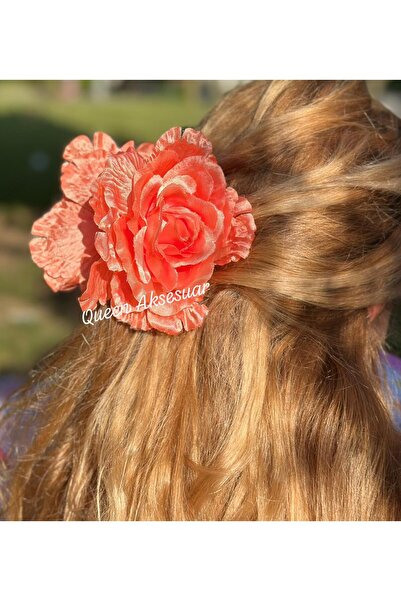 QUEEN AKSESUAR Trend Envy Big Artificial Satin Rose Flower Shiny Orange Orang...