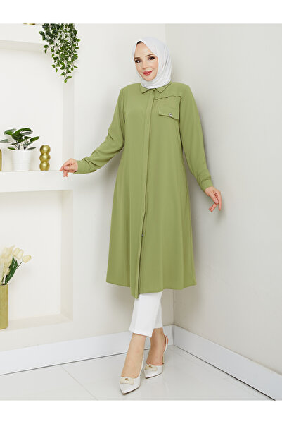 BELLİNA Kadın Medine İpeği Yazlık Yağ Yeşili Tunik