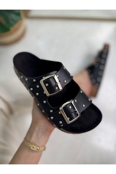 Nstil Daily Women's Black Slippers Double Buckle Metal Detailed Soft Orthopedic Cork Sole Shoes 118
