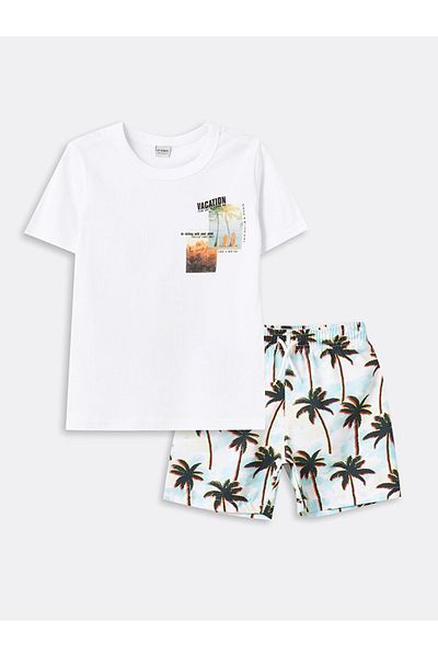 LC Waikiki White Crew Neck Boys' 100% Cotton Singlet and Swim Shorts