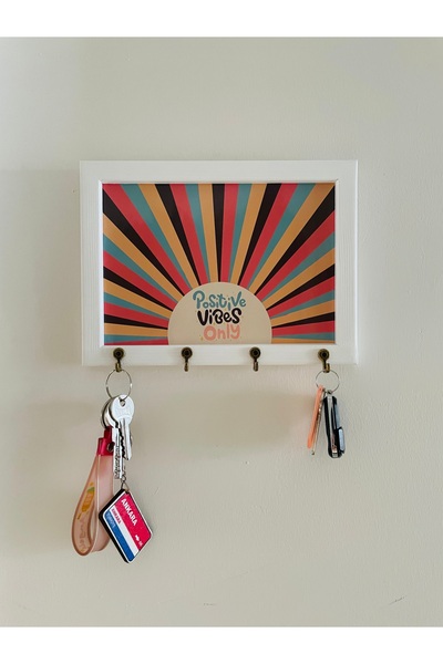 Sapphireworks Beyaz Ahşap Çerçeveli Retro Stil Positive Vibes Only Anahtarlık...