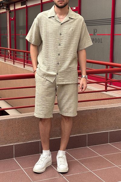 inpool Men'S, Seersucker, Summer, Loose Fit, Linen Blend, Shirt-Shorts Set 297-g13