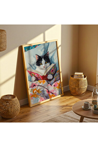 woodhomeworks Kitap Okuyan Kedi Tek Parça Salon Ofis Dekor Tablo Ttk