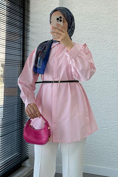 MELEK ARAZ Belt Detailed Poplin Tunic Shirt -Pink