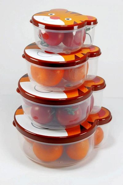 Happy Life Zoo Set of 4 Tiger Patterned Storage Containers / Bpa Free-(200-300-500-750 ml)