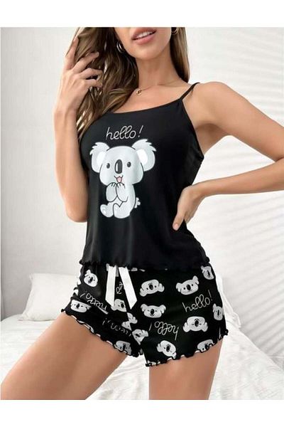 civetta Kuala Patterned Black Pajama Set with Strap Shorts