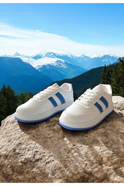 Trendova Beyaz-Saks Mavi İki Bantlı Unisex Günlük Hafif Taban Sneaker Spor Ayakkabı