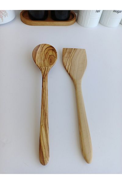 AYSAN Olive Tree Handmade 2 Piece Wooden Spoon Spatula Set.