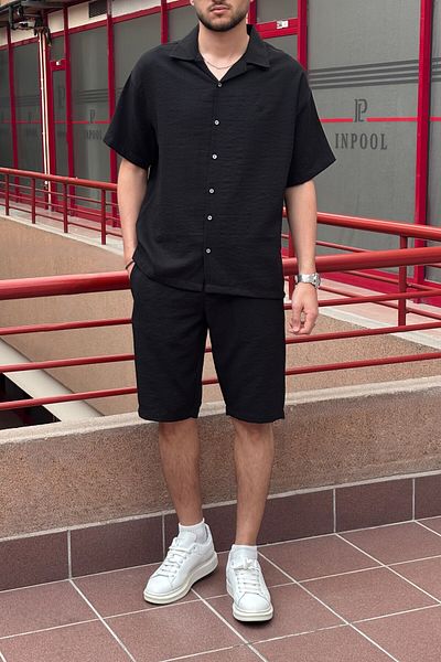 inpool Men'S, Seersucker, Summer, Loose Fit, Linen Blend, Shirt-Shorts Set 297-g13