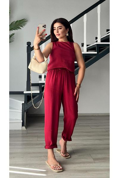 Oslove Orj.Brand Red Modal Fabric Sleeveless Blouse-Pants Suit
