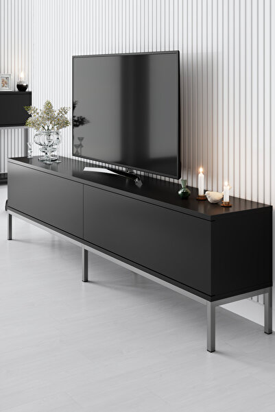 Modatte LORA GÜMÜŞ METAL AYAKLI SİYAH TV ÜNİTESİ