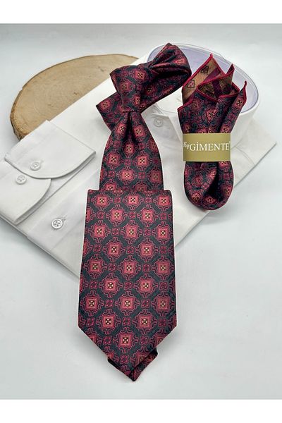 Gutiero Black Claret Red Patterned Classic Tie with Handkerchief