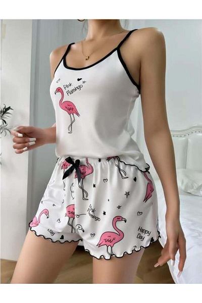 civetta Pink Flamingo Patterned Suspender Shorts Pajama Set