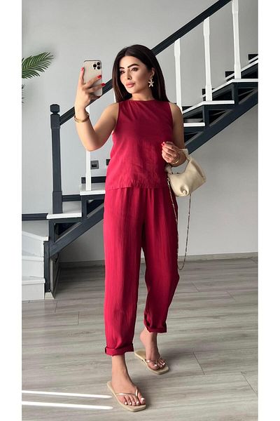 Oslove Orj.Brand Red Modal Fabric Sleeveless Blouse-Pants Suit