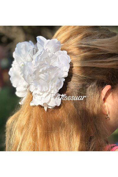 QUEEN AKSESUAR Trend Envy Big Artificial Peony Rose Flower White Clothespin Clip Buckle Women's Buckle