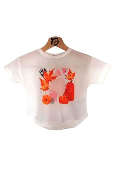 Escabel Girl's Stylish Printed Front and Plain Back T-Shirt Ecru
