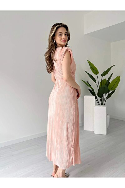 Lusin Women's Powder Stylish Waist Detailed Padded Lined Summer Dress