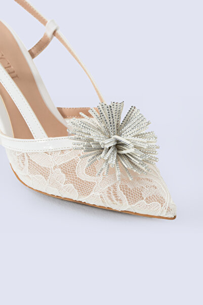 Tacchi Stellina Çiçek Taşlı Dantelli Gelin Ayakkabısı