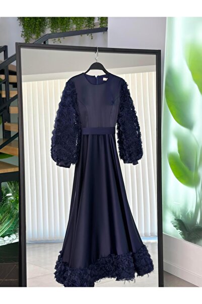 BÜRDE Gül İşlemeli Lacivert Renk Kadın Saten Abiye