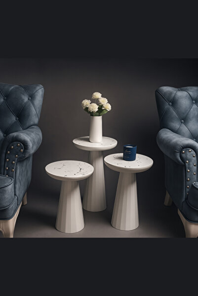 hedefixtoys Beyaz Mermer Desenli Modern Ahşap Mantar Yan Sehpa – 3’lü Dekorat...