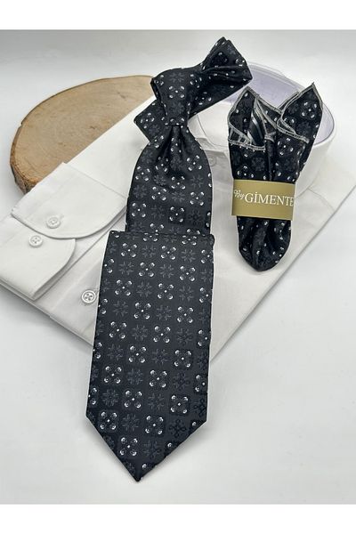 Gutiero Black Patterned Classic Tie with Handkerchief