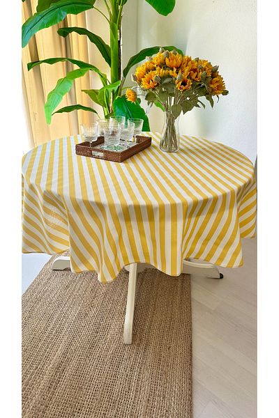 Decamor home Worry-Free Stain-Proof Yellow Striped Round Tablecloth