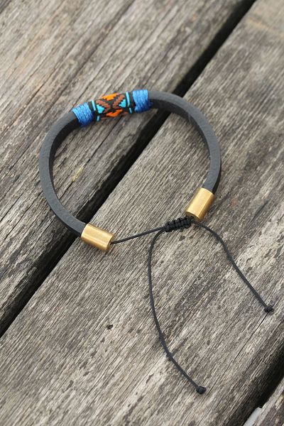 Clariss Blue Drawstring Ethnic Patterned Women's Leather Bracelet