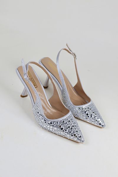 NiceDiffer Women's Silver Stone Detailed Mirror Fabric Evening Dress Stiletto Heeled Shoes